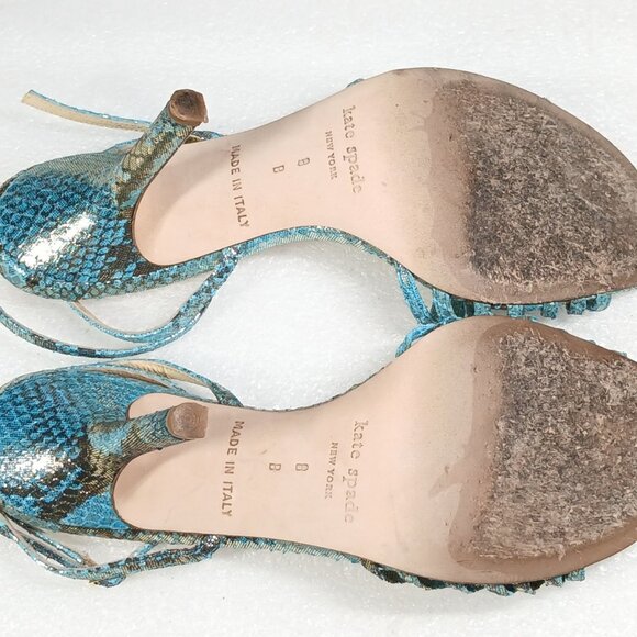 Kate Spade NY Teal Snakeskin Print Metallic Strappy Pumps Heels Size 8 VGUC - Picture 14 of 16